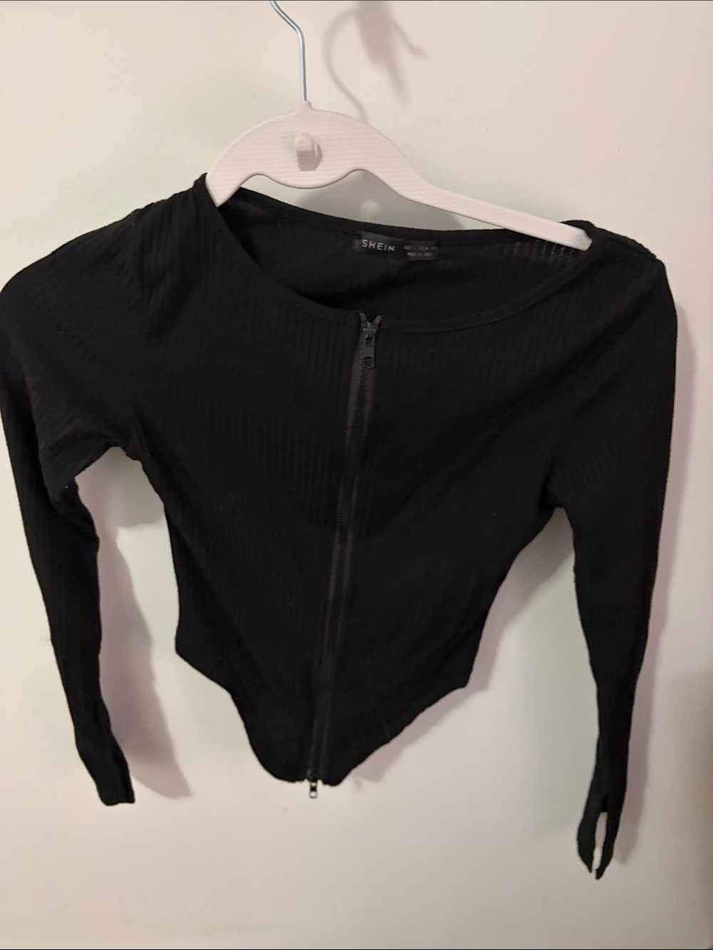 SHEIN Black Ribbed Zip-Up Long Sleeve Top